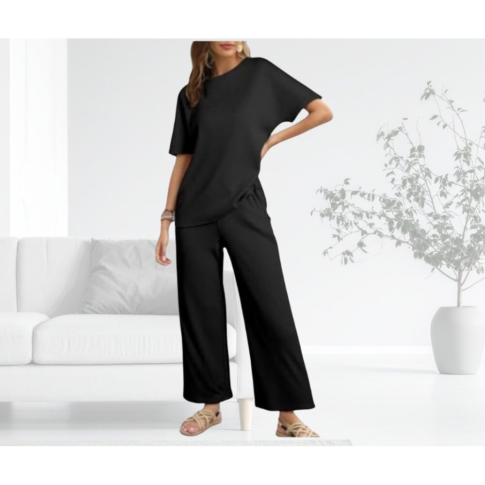 NEW SHEWIN 2 PC Lounge Set - Casual Waffle Knit Short Sleeve Top/Wide Leg Pant